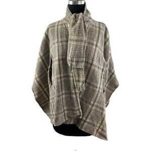 VINTAGE Beige Call Cape Poncho Plaid Wool? Knit Sleeveless Tie Mock Neck Pockets